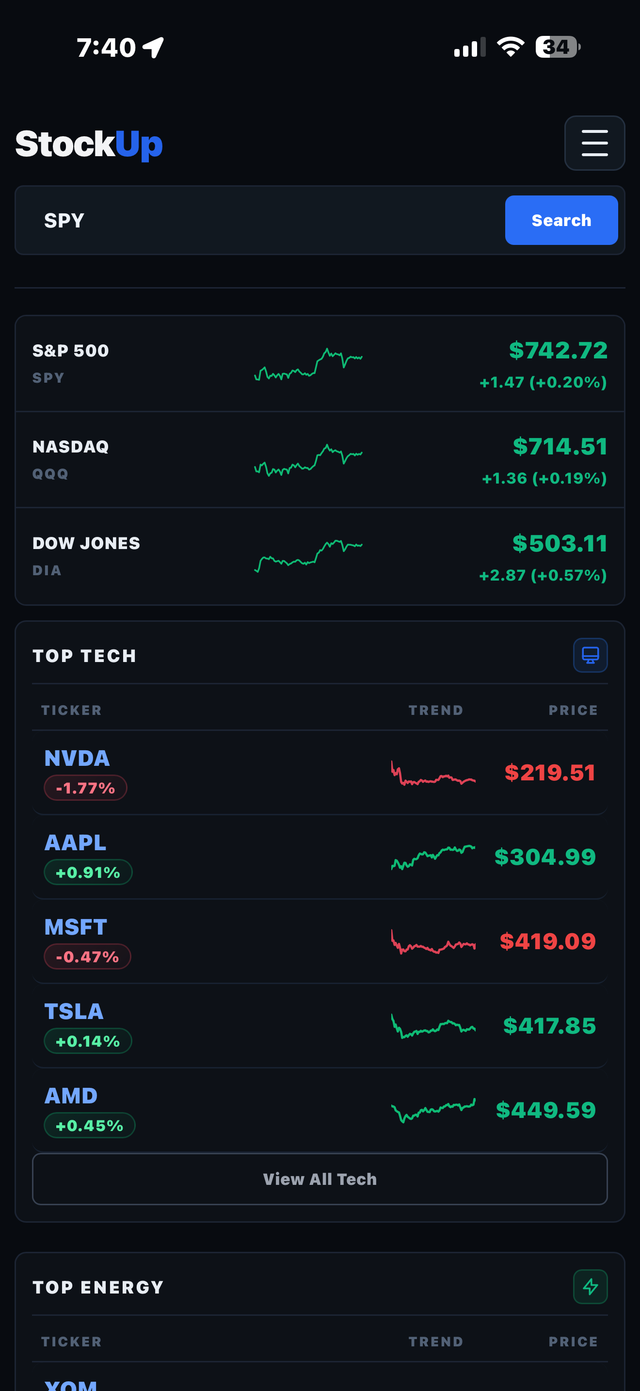 StockUp mobile homepage preview