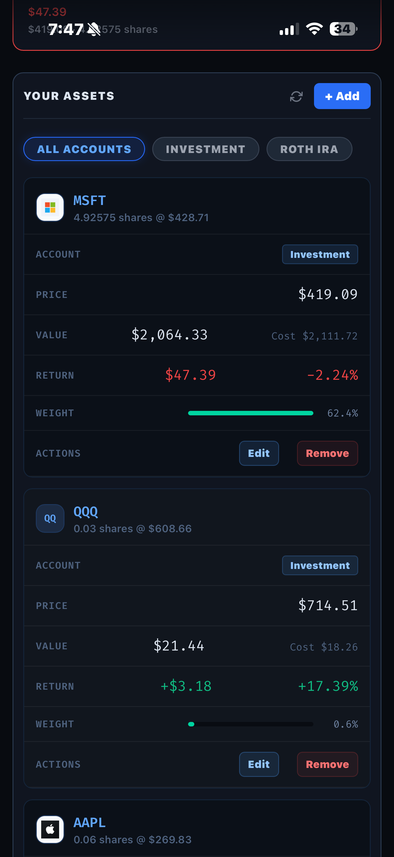 StockUp portfolio mobile screenshot